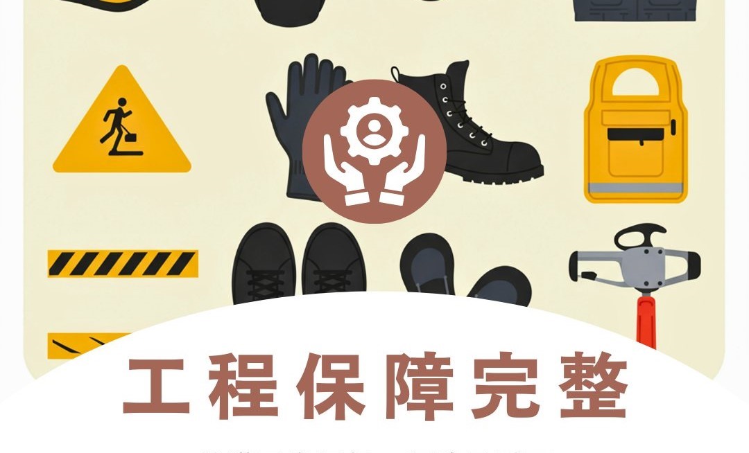 工程保險示意圖，呈現施工安全裝備與工程保障概念，